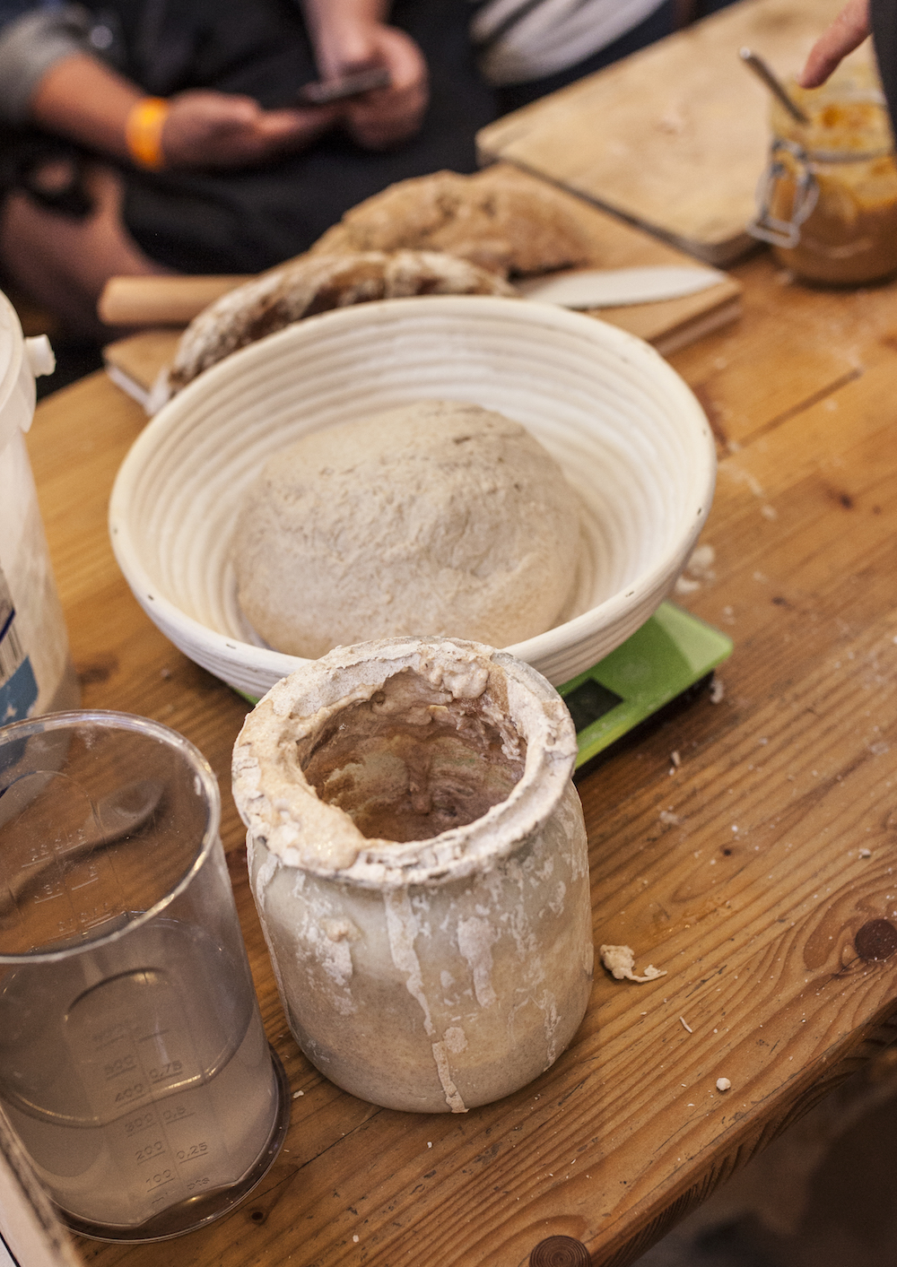 sourdough starter and dough on table