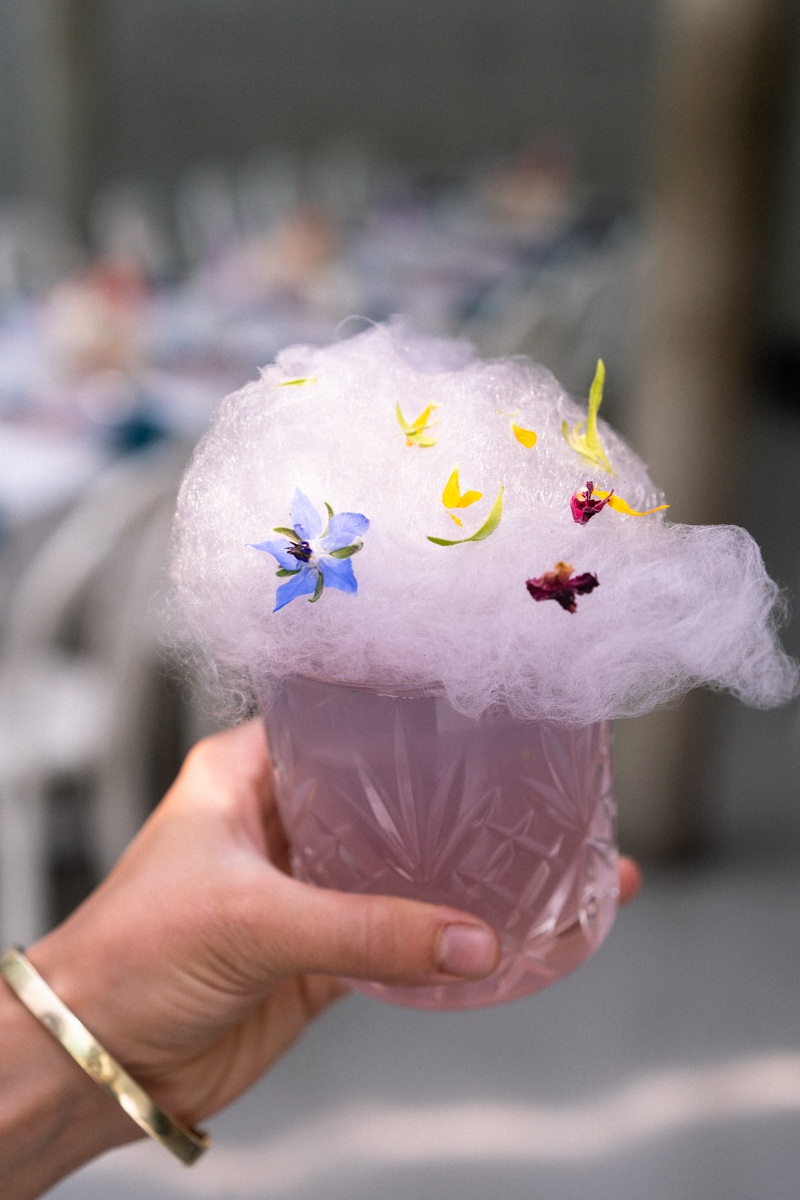 pink probiotic drink with fresh edible flower blossoms