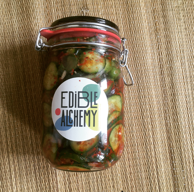 cucumber kimchi in edible alchemy jar